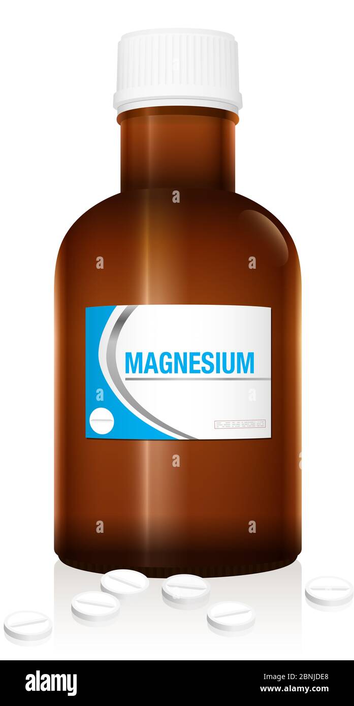 Magnesium Pillen in einer Medikamentenflasche, Ergänzung Pillen Fläschchen, ein medizinisches gefälschtes Produkt - Abbildung über weißem Hintergrund. Stockfoto