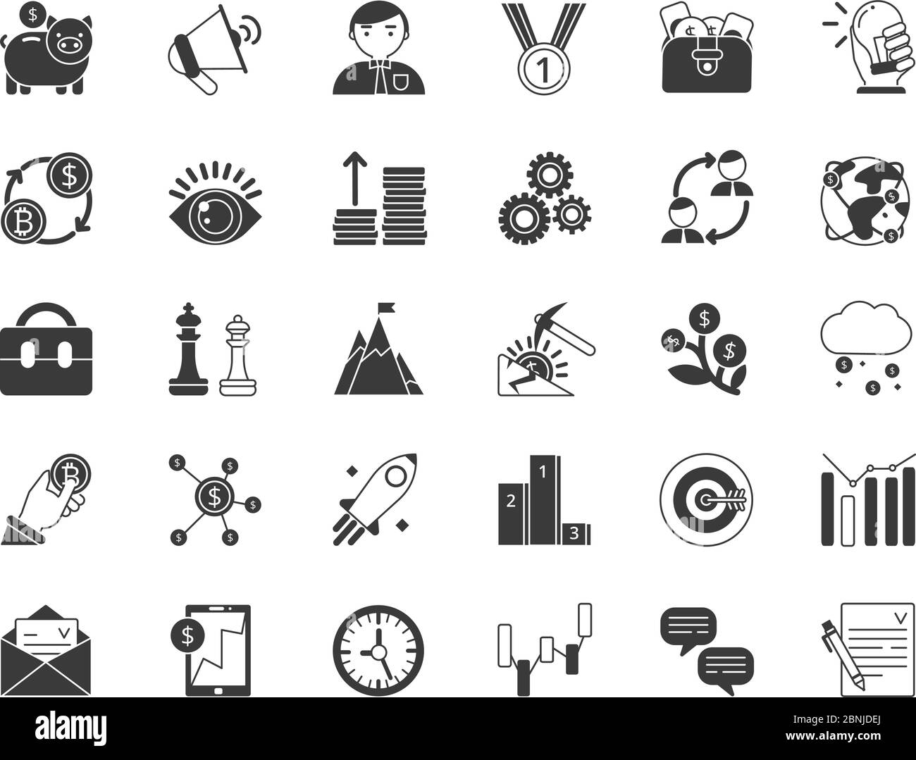 Symbole für Unternehmen und Finanzen. Monochrome Symbole setzen auf weißen Hintergrund isolieren Stock Vektor