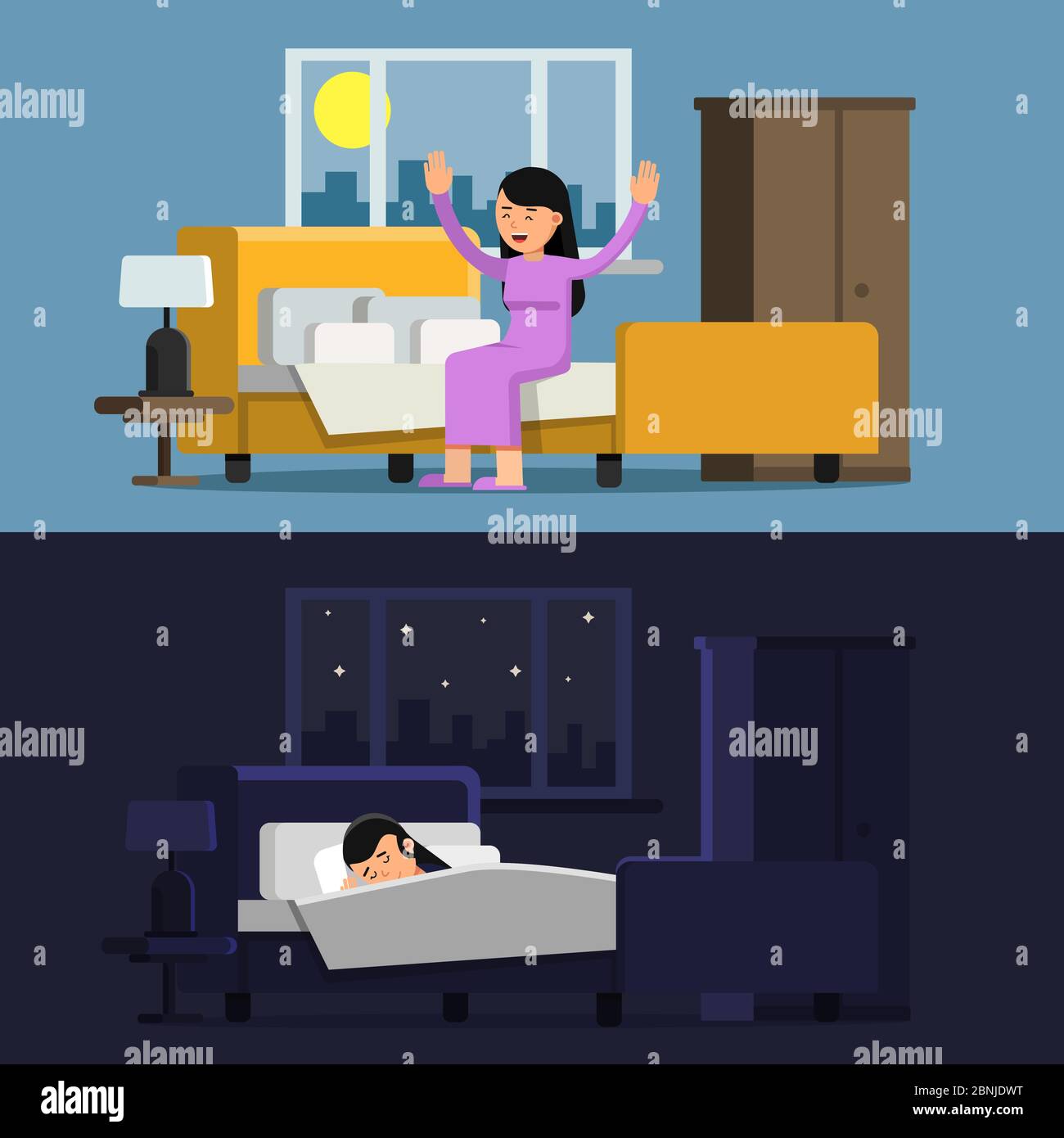 Illustrationen von entspannter Frau. Schlafende Mädchen im Bett. Frau am Morgen Stock Vektor
