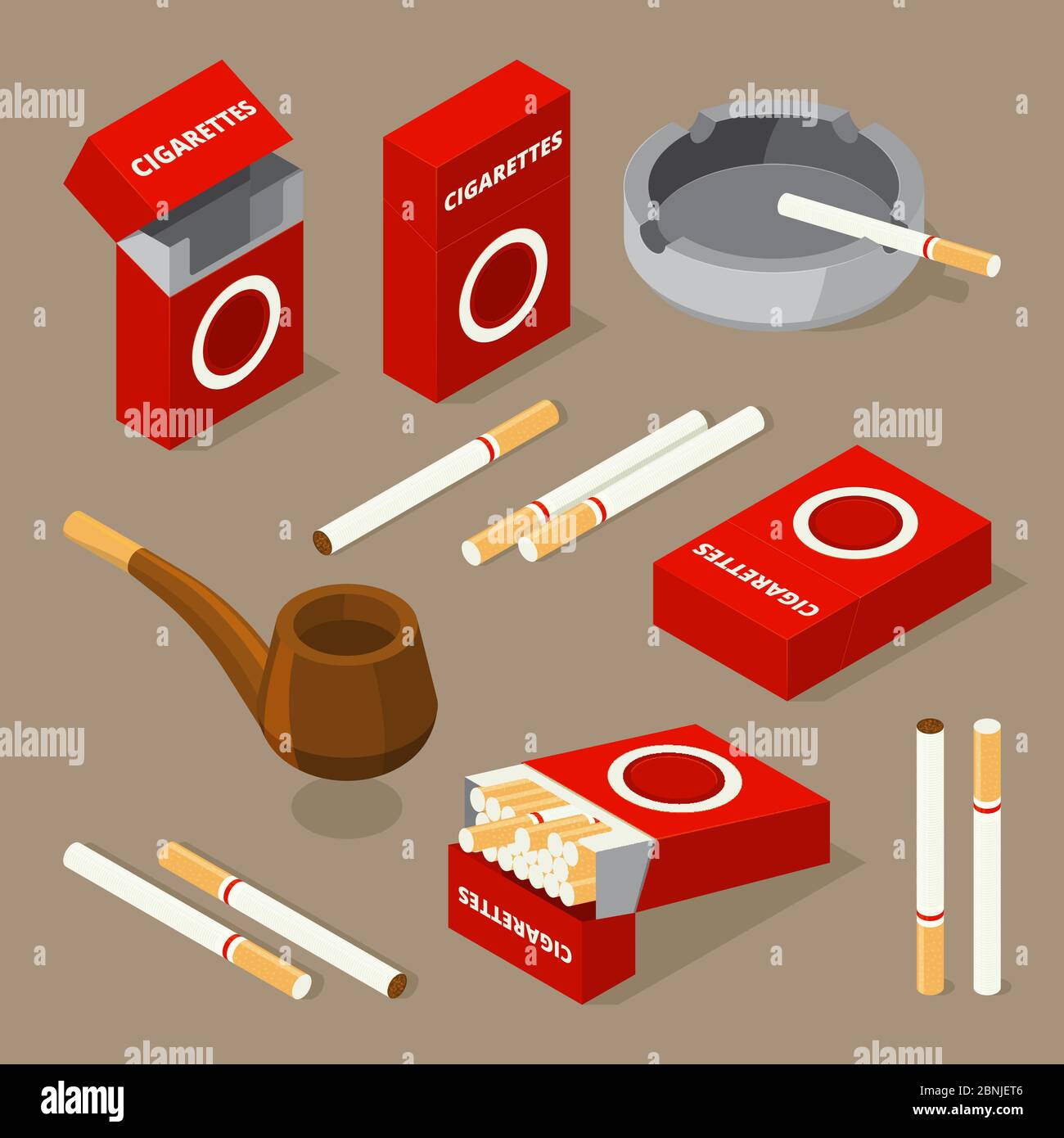 Vektor isometrische Illustrationen von Zigaretten und verschiedenen Accessoires für Raucher Stock Vektor