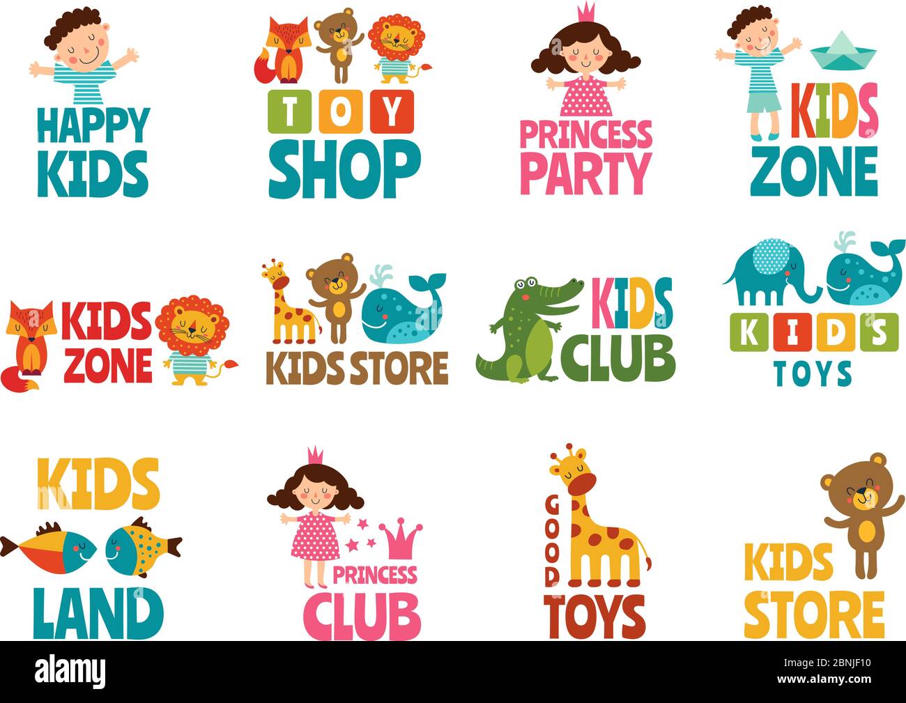 Verschiedene Logos für Kinder mit lustigen farbigen Illustrationen Stock Vektor