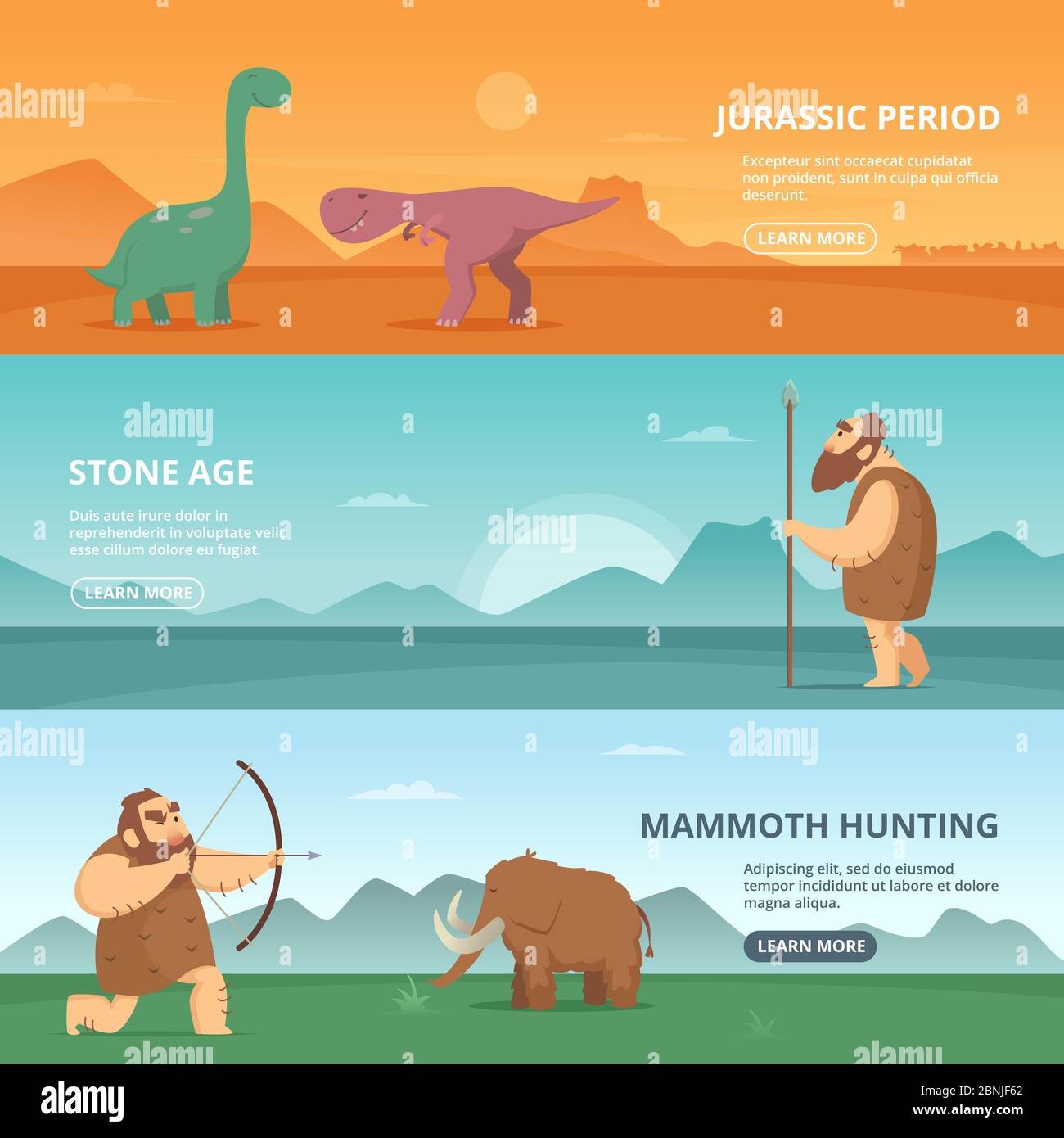 Horizontale Banner mit Illustrationen von primitiven prähistorischen Völkern und verschiedenen Dinosauriern Stock Vektor