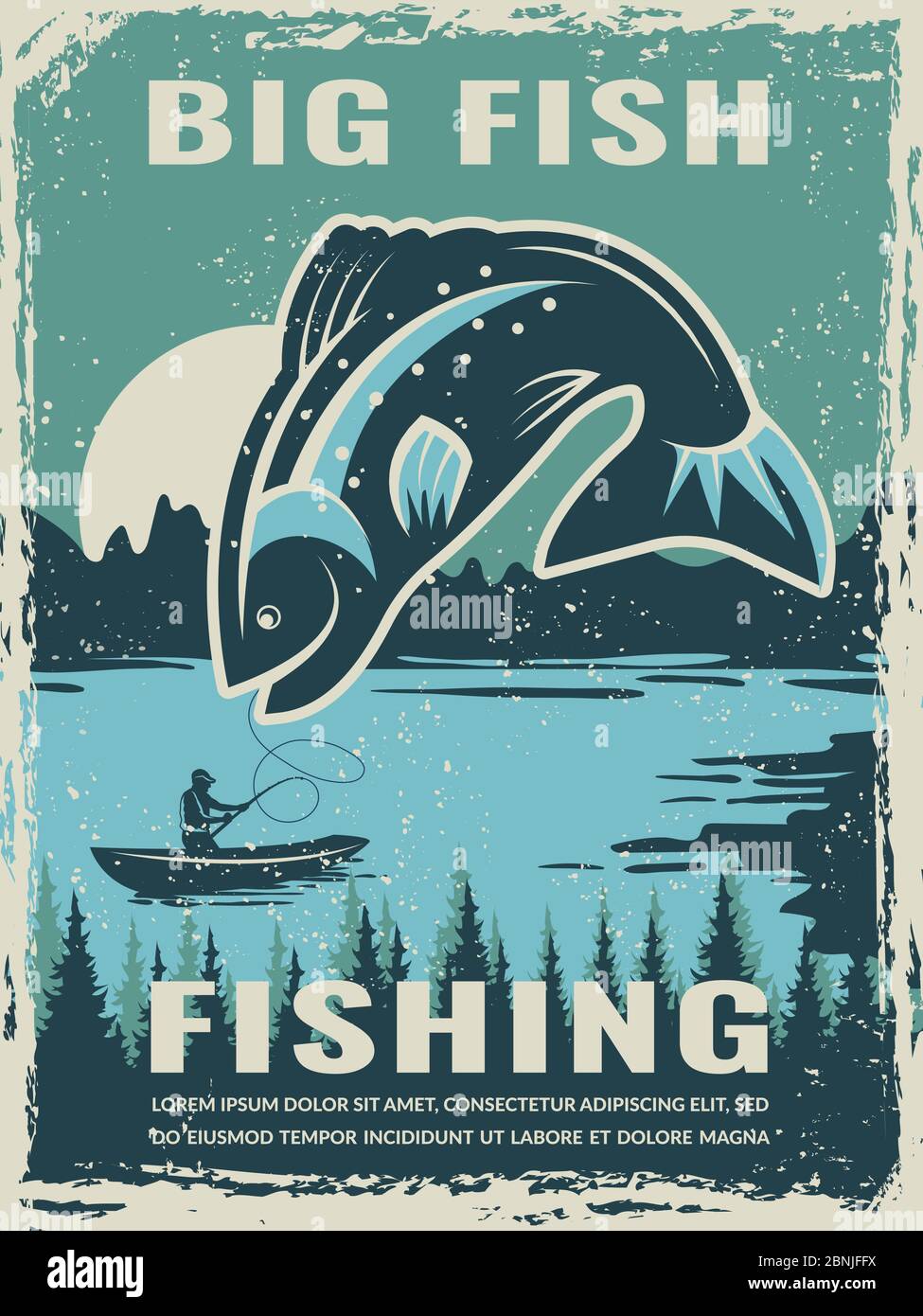 Retro-Poster des Fischerklubs mit Illustration von großen Fischen Stock Vektor