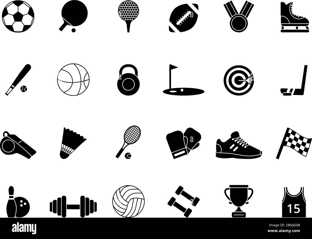 Monochrome schwarze Sportsymbole. Vektorbilder gesetzt Stock Vektor