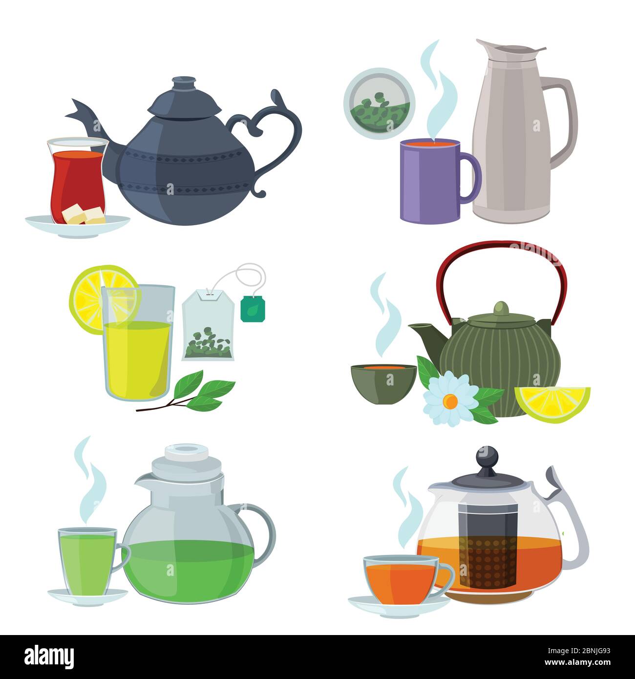 Chinesse, englisch und andere verschiedene Arten von Tee. Vektorset auf Weiß isolieren Stock Vektor