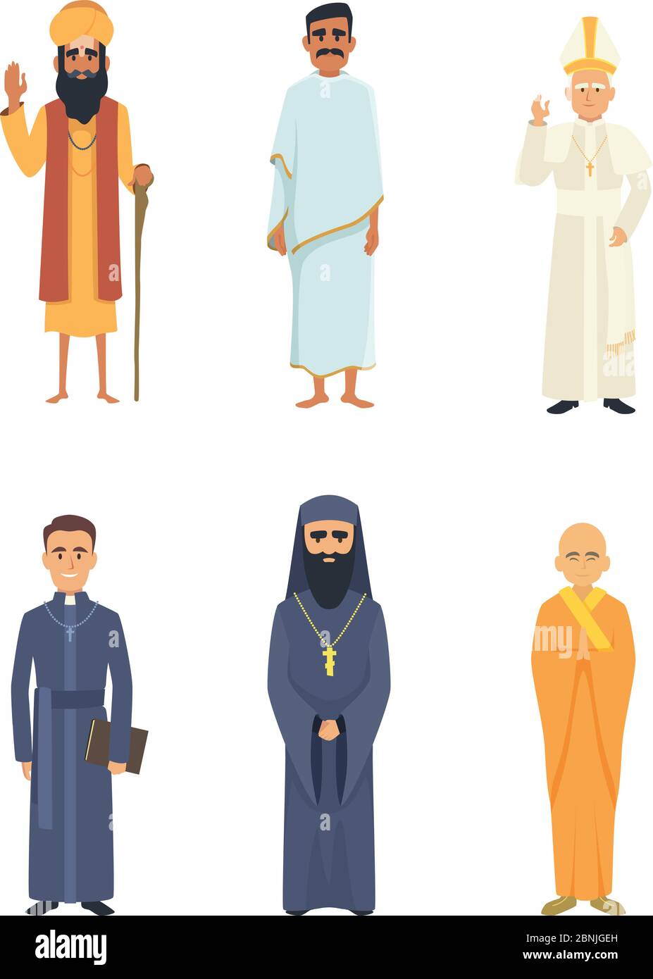 Verschiedene Religionsführer. Cartoon-Figuren isolieren auf weiß Stock Vektor