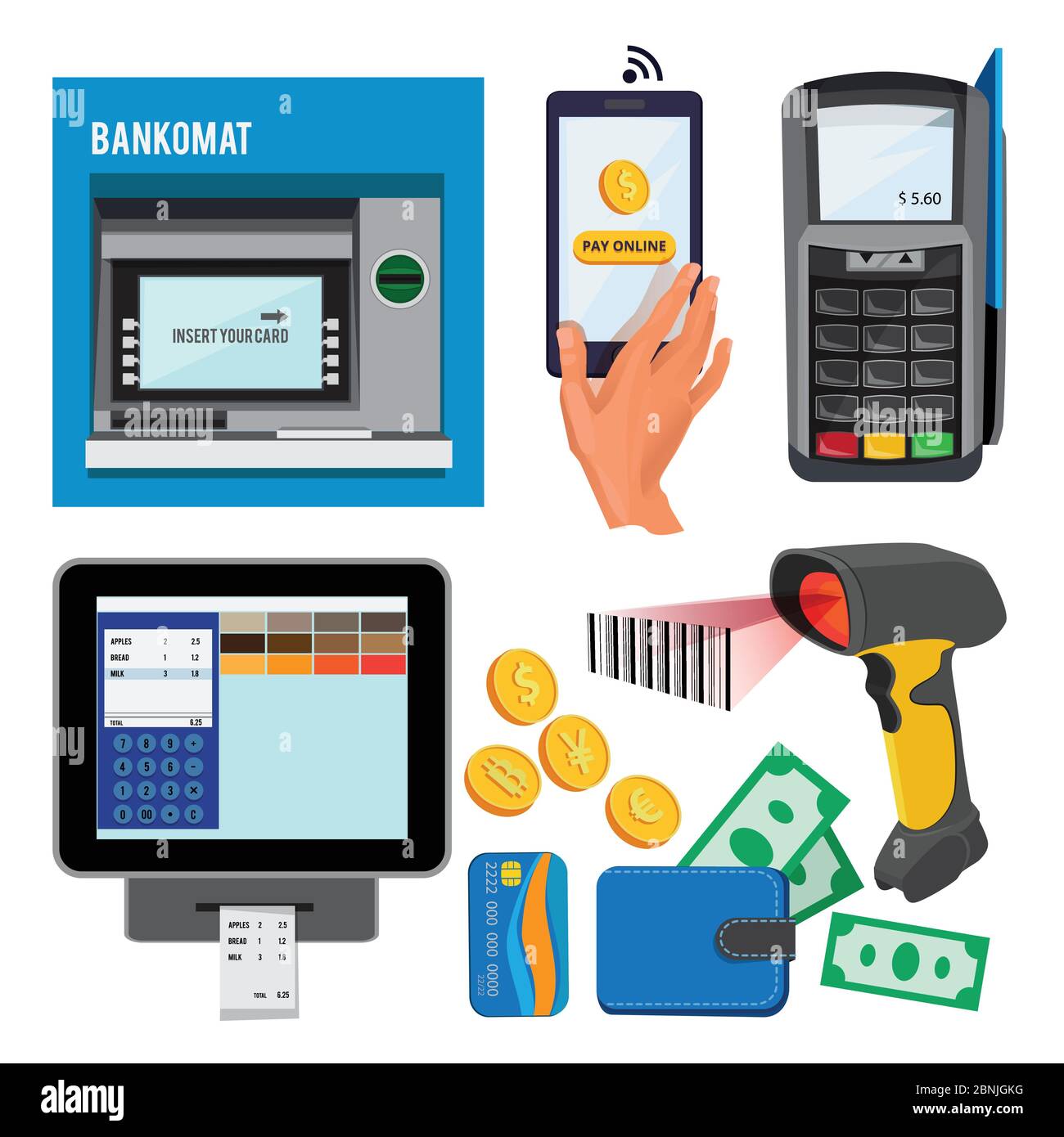 Vektorgrafiken von Bankomat und Terminal für Kreditkartenzahlungen Stock Vektor