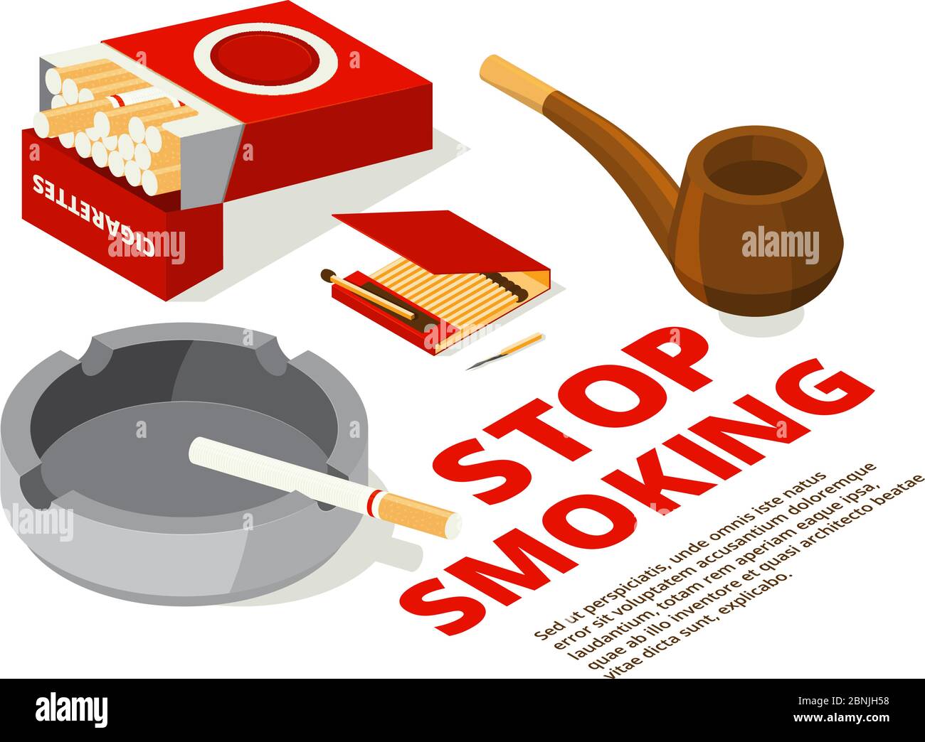 Konzept Illustrationen des Themas Rauchen aufhören. Verschiedene isometrische Bilder von Werkzeugen für Raucher Stock Vektor