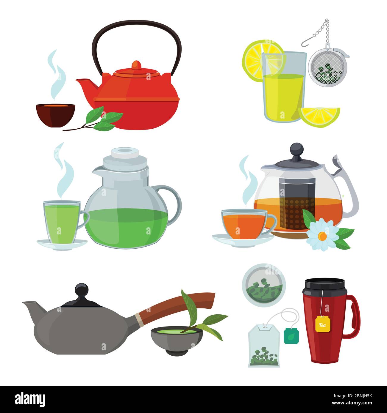 Illustrationen von Tassen und Wasserkocher für verschiedene Teesorten Stock Vektor