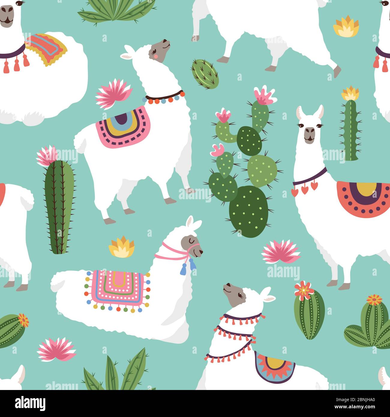 Textilgewebe nahtlose Muster mit Illustrationen von Lama und Kaktus Stock Vektor