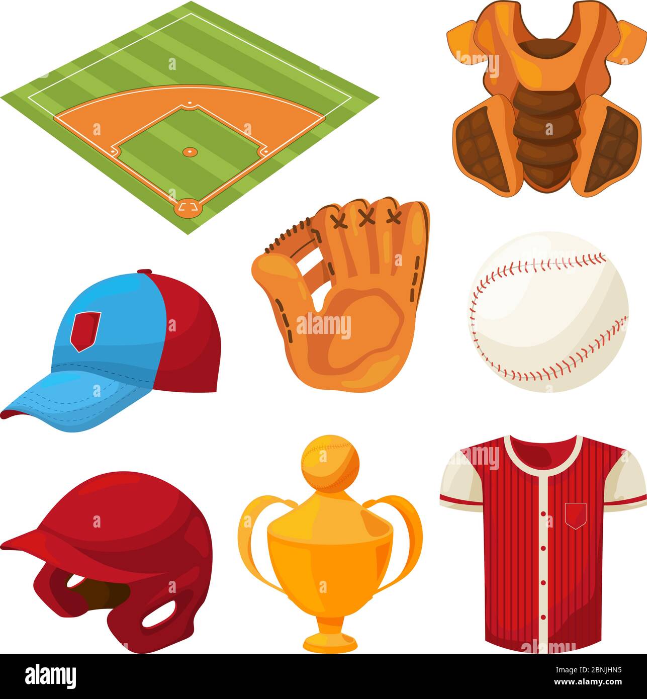 Baseball Cartoon Icons Set isolieren auf weiß Stock Vektor