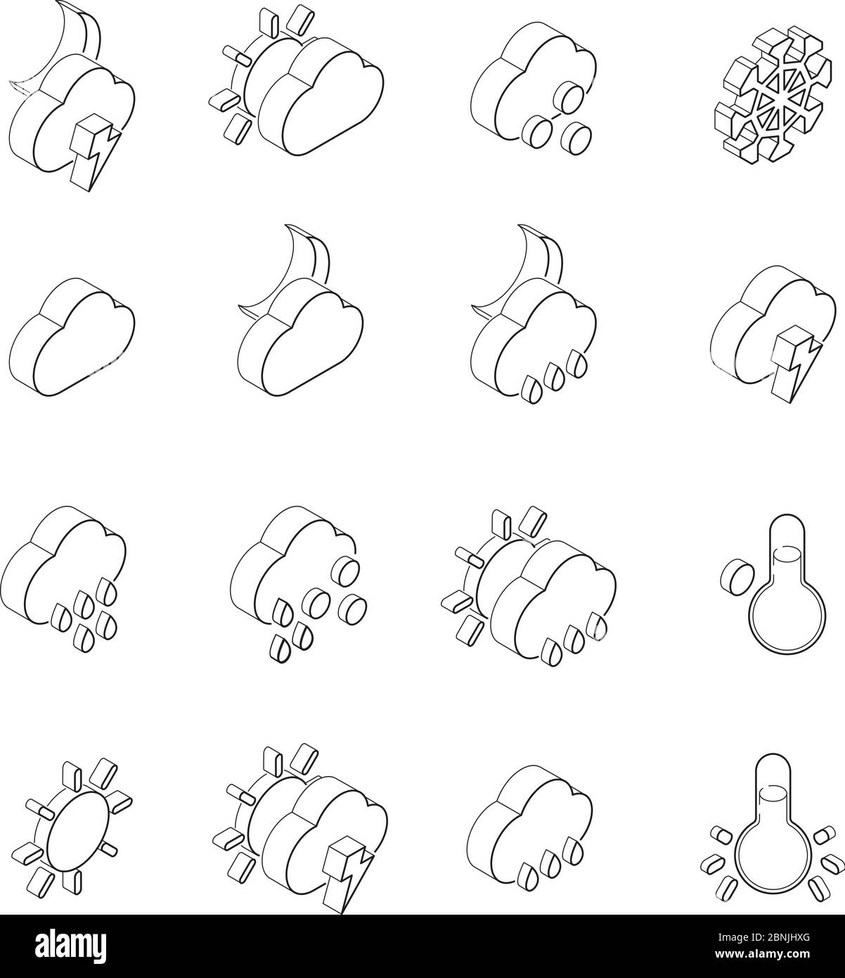 Lineare Illustrationen von Wettersymbolen. Isometrische Symbole setzen Isolieren auf Weiß Stock Vektor