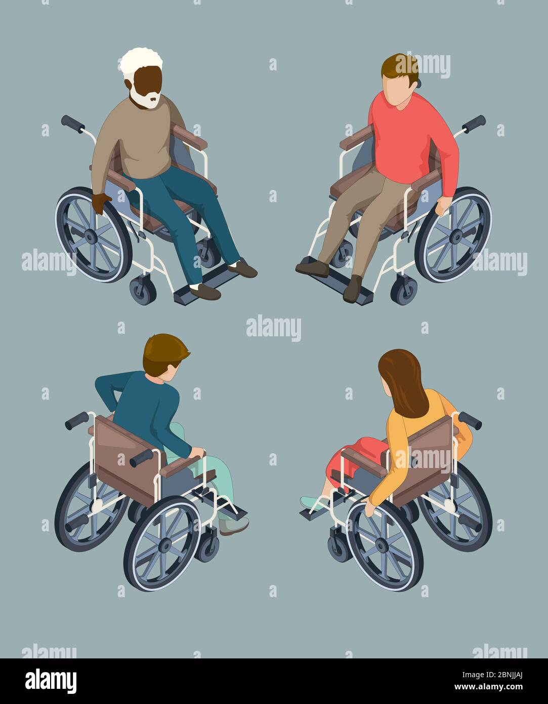Behinderte männliche und weibliche Personen, die im Rollstuhl sitzen. Isolierte isometrische Vektorgrafiken Stock Vektor