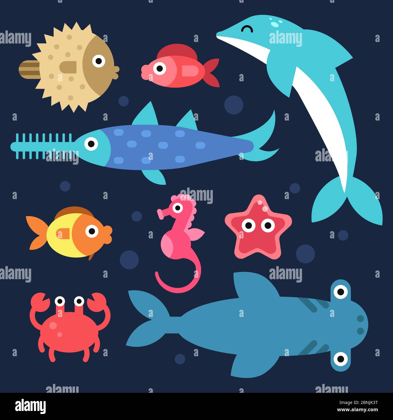 Fische und andere Unterwasser-Tiere. Stilisierte flache Illustrationen Stock Vektor