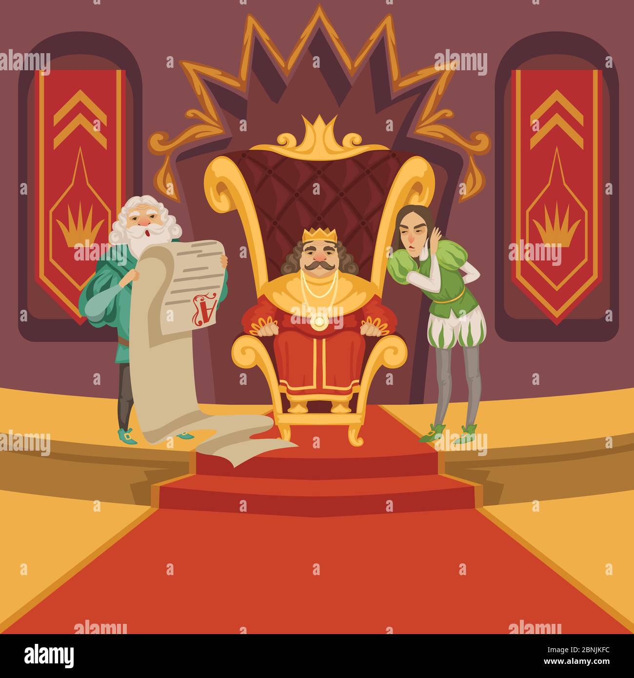König auf dem Thron und seinem Gefolge. Zeichentrickfiguren gesetzt Stock Vektor