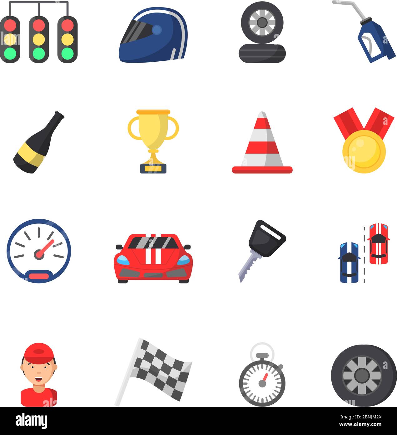 Sport Symbole des Rennens. Auto, Motor, Strecke und andere flache Symbole Stock Vektor