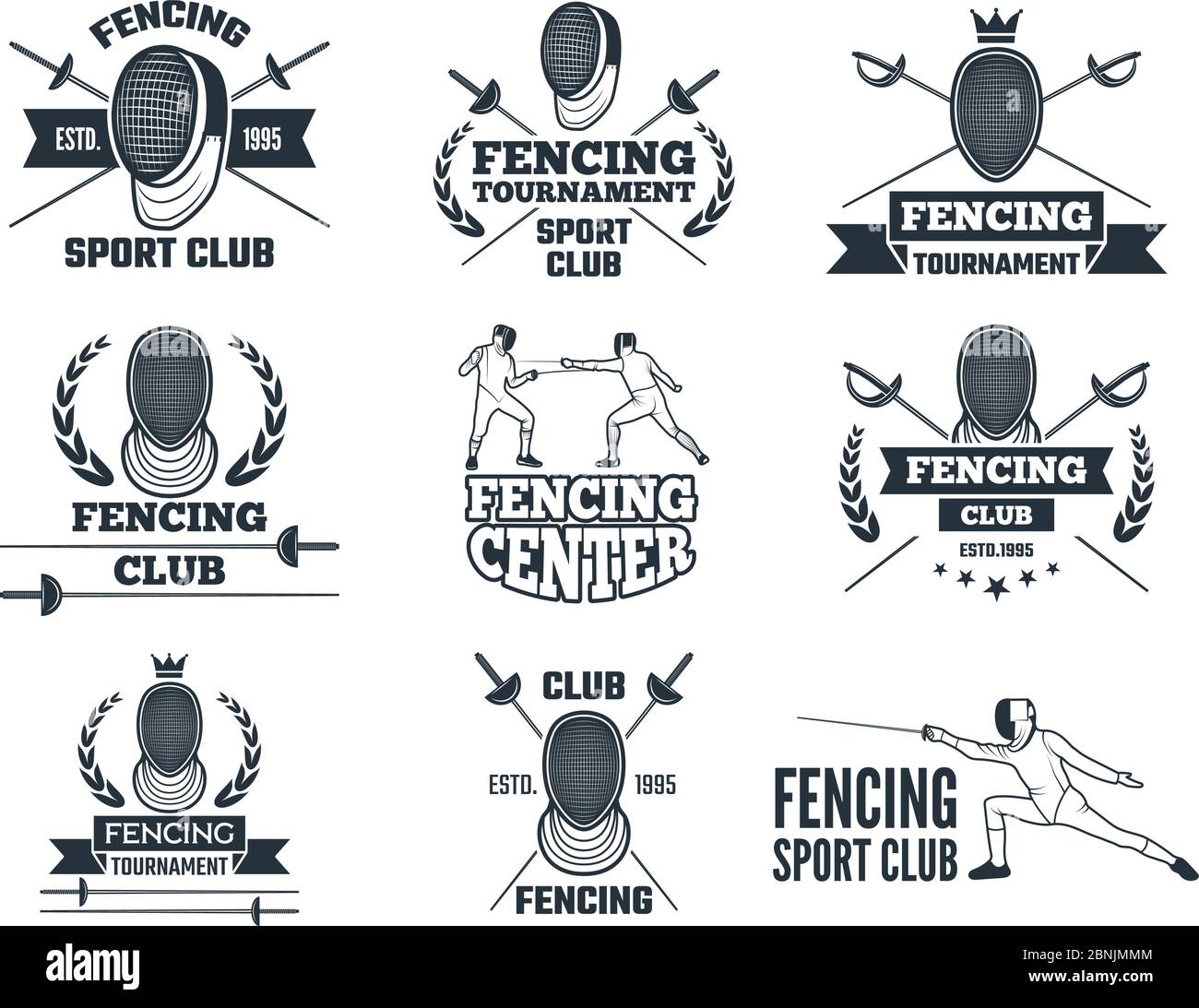 Etiketten für den Fechtsport. Monochrome Bilder von Rapiers, Schwertmaske und anderen Geräten Stock Vektor