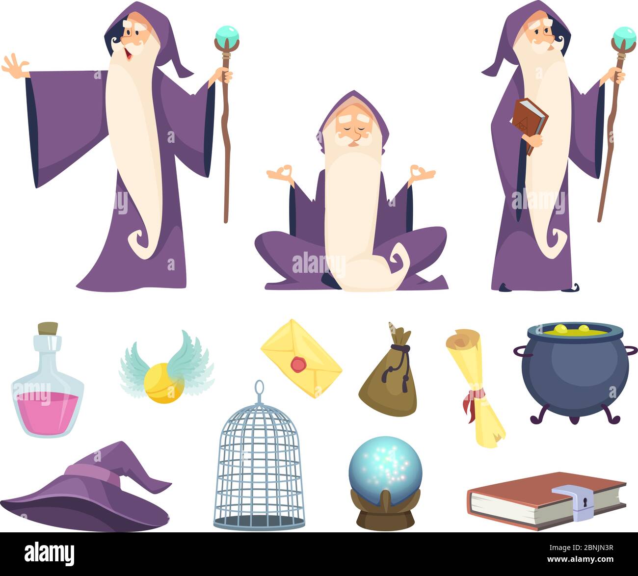 Set von Zauberwerkzeugen und männlichen Zauberer Charakter. Vektorbilder auf weißem Hintergrund isoliert Stock Vektor