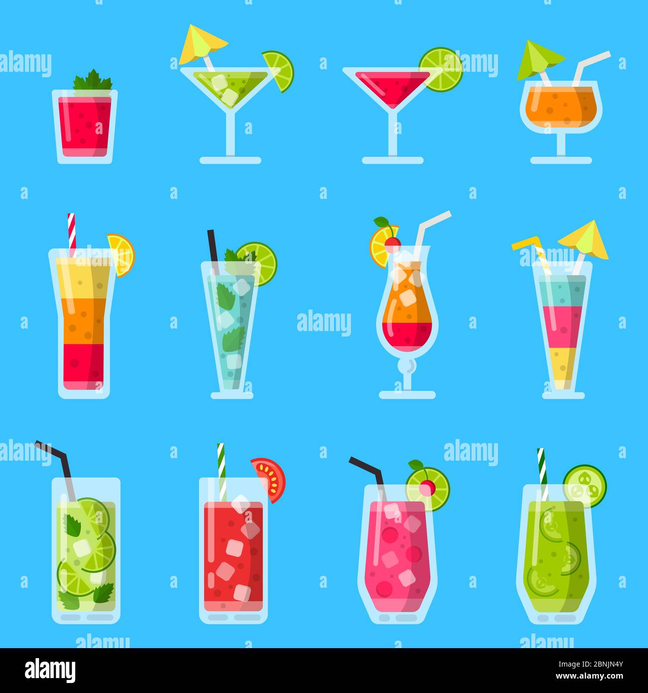Verschiedene frische Säfte und Cocktails. Vektor-Set in flacher Form Stock Vektor