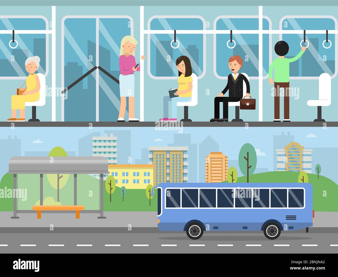 Horizontale Banner mit Abbildungen der Stadtlandschaft mit Transportstationen. Bus-Innenraum mit Passagieren Stock Vektor