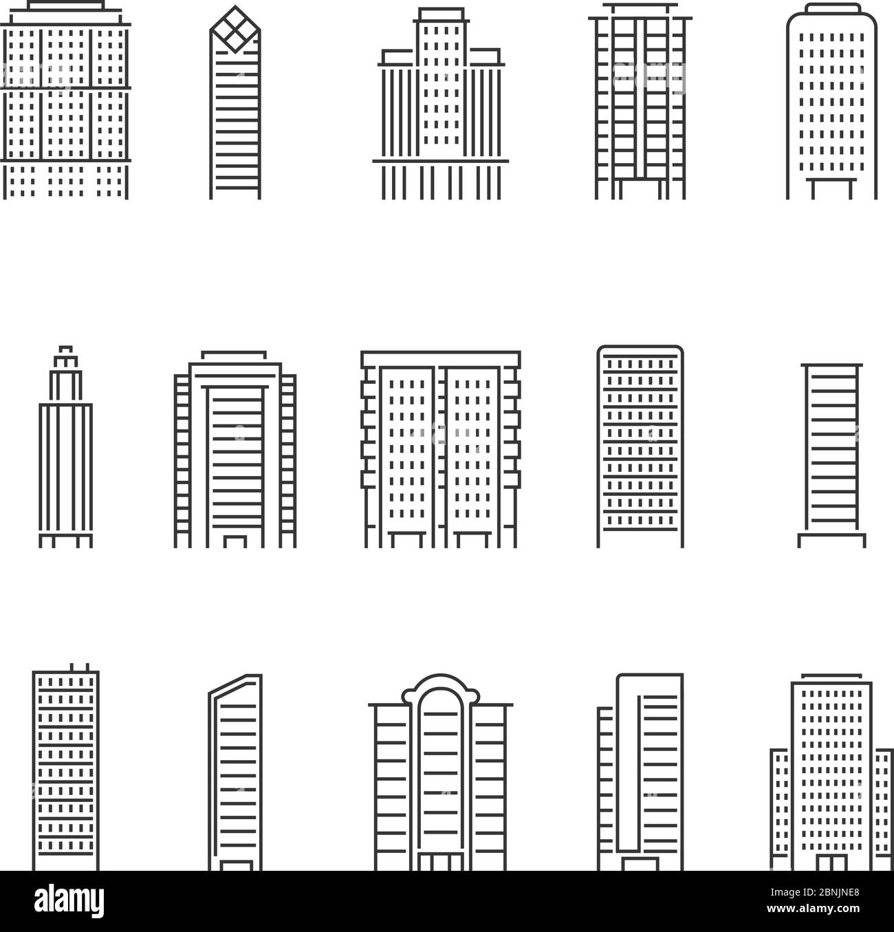 Monolinie Vektor Illustrationen von modernen Gebäuden Stock Vektor