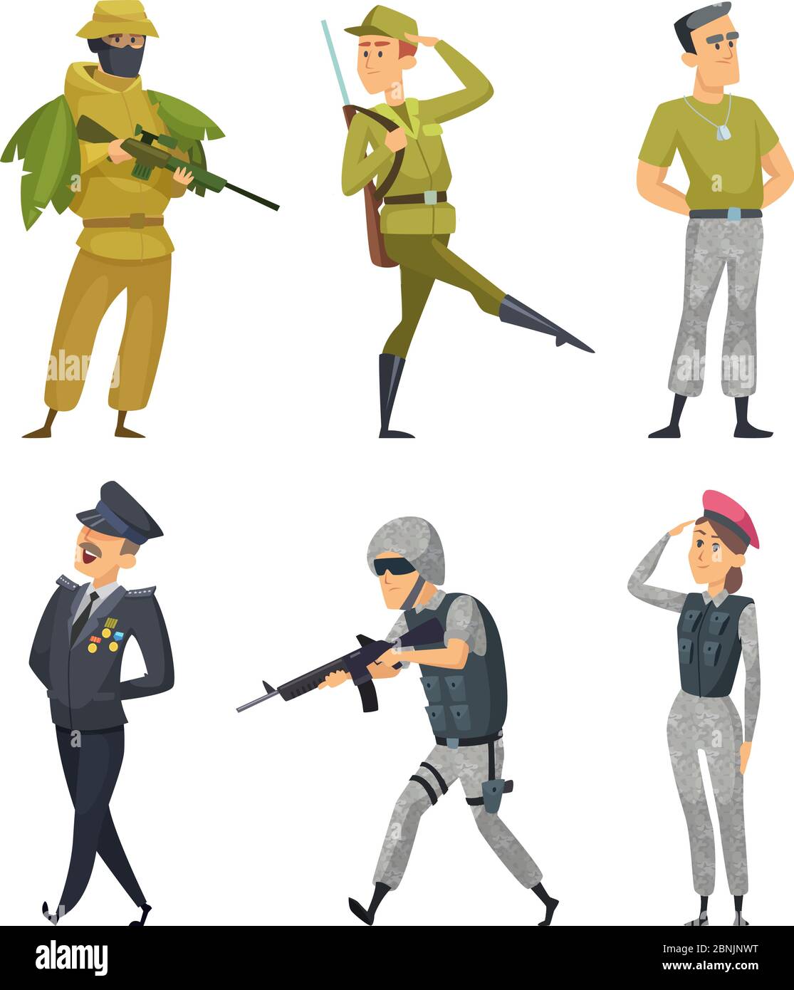 Militärische Charaktere. Soldaten der Armee männlich und weiblich Stock Vektor