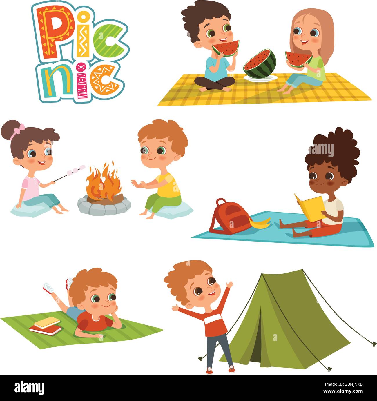 Verschiedene Bilder von Kindern, Männer und Frauen, ruhen sich beim Picknick aus Stock Vektor