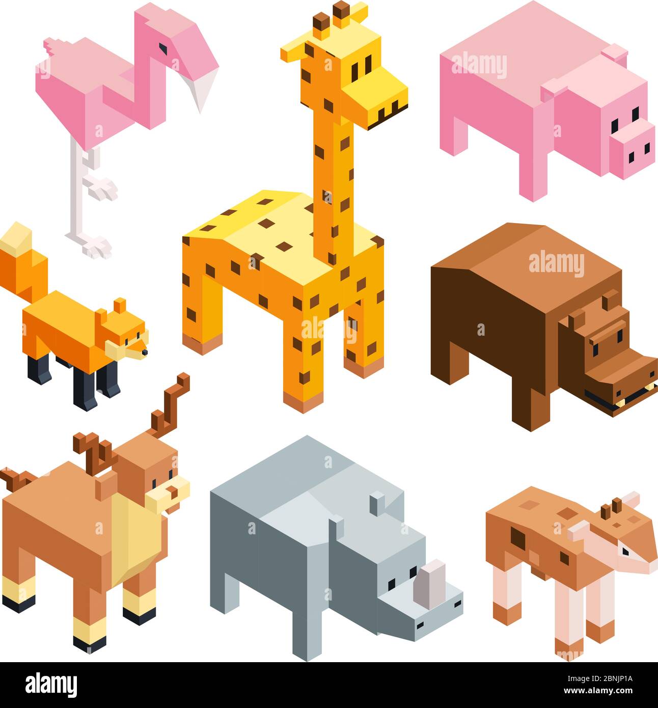 Isometrische Illustrationen von stilisierten 3d-Tieren Stock Vektor