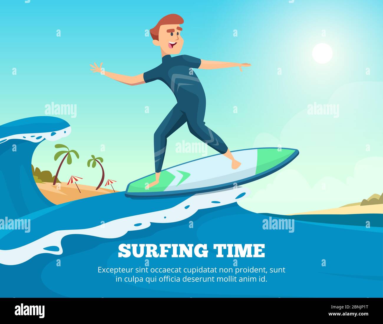 Schwimmen mit Surfern. Dynamische Darstellung des Surfers auf dem Surfbrett Stock Vektor