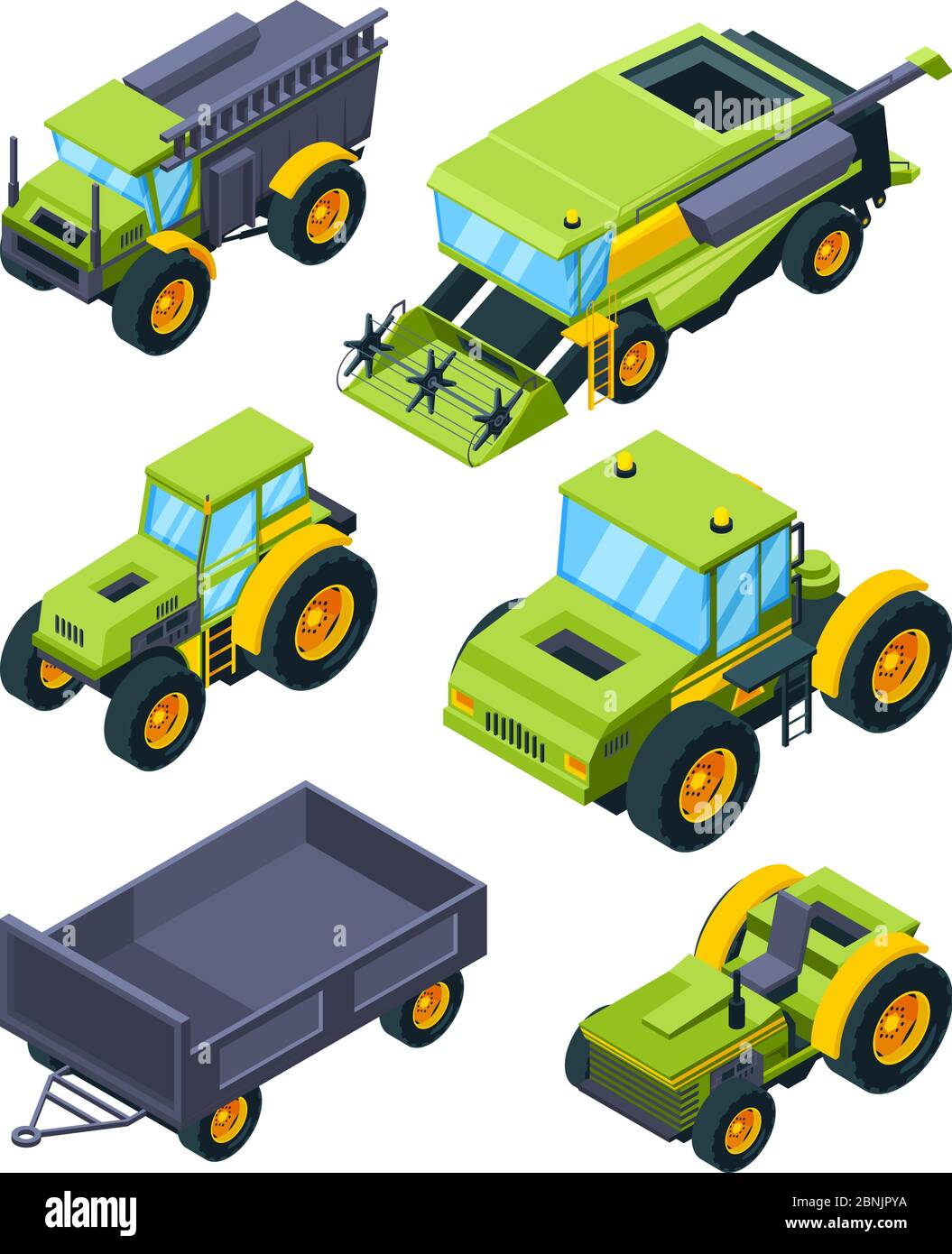 Isometrische Abbildungen von Mähdreschern, Traktoren und anderen verschiedenen Landmaschinen Stock Vektor