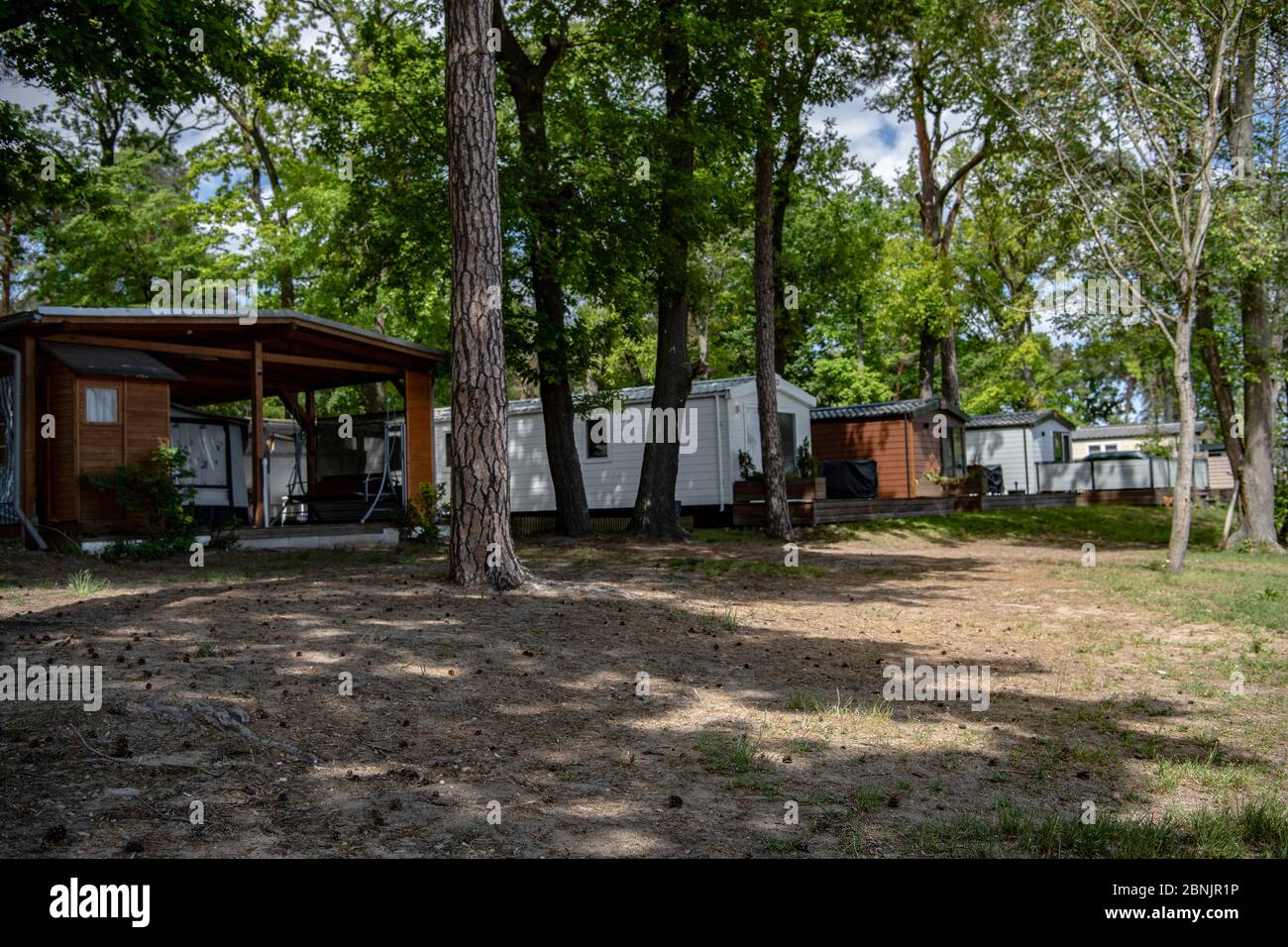 Schwielowsee, Deutschland. Mai 2020. Auf der Halbinsel, zwischen  zahlreichen hohen Bumen, liegt der Himmelreich Campingplatz im  brandenburgischen Schwielowsee. Auch dort freuen sich die Verantwortlichen,  dass sie nun wieder offiziell Camper begren ...