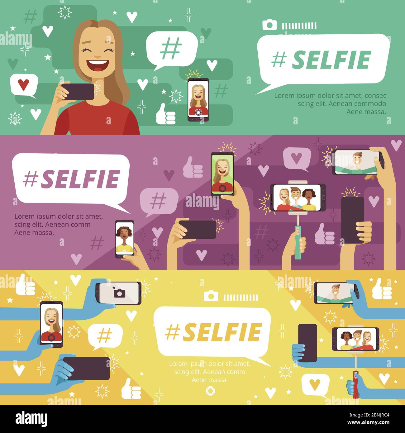 Horizontale Banner mit Menschen, die Selfie-Fotos auf seinen Smartphones und Fotokameras machen Stock Vektor