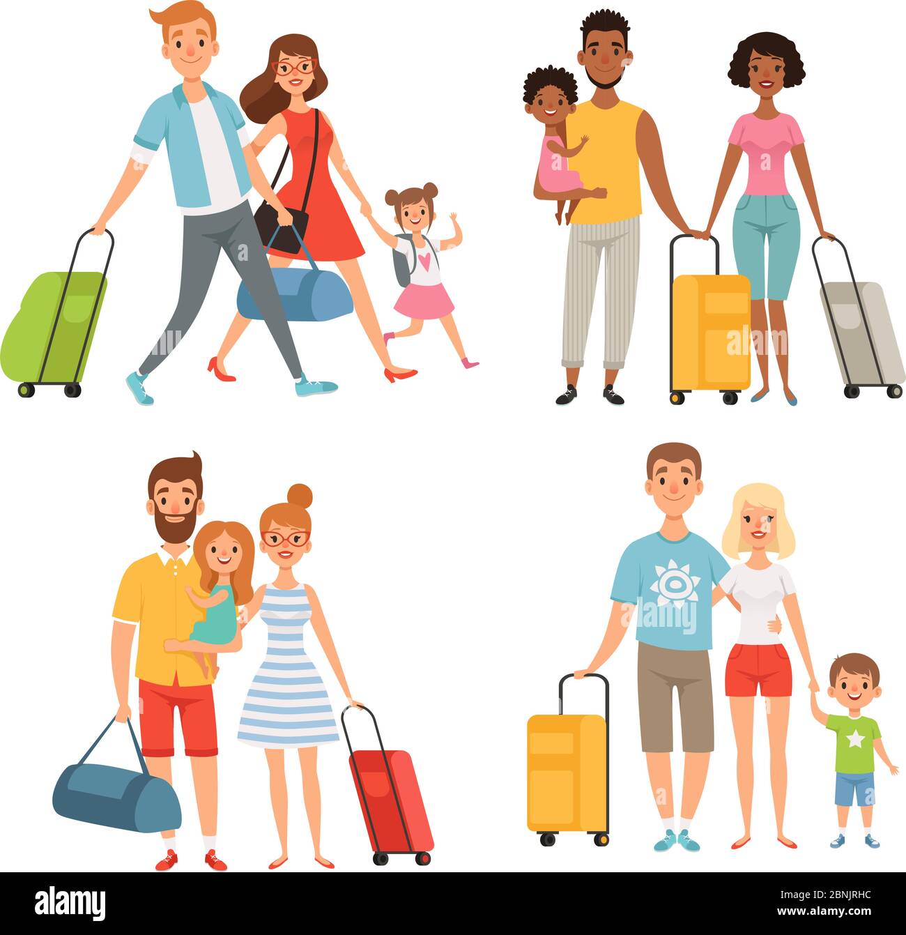 Verschiedene Charaktere glücklicher Familie auf Sommerreisen Stock Vektor