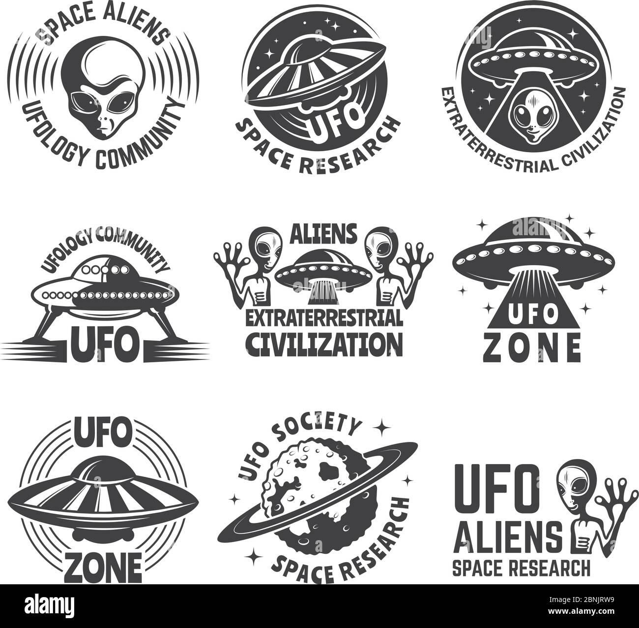 Monochrome Etiketten oder Abzeichen mit Bildern von Aliens, ufo und Raum Stock Vektor