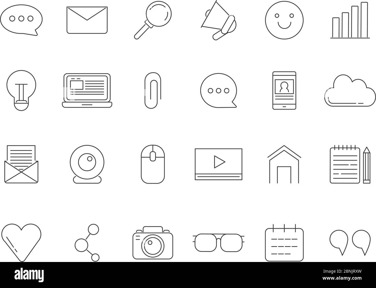 Mono-Linie Bilder Set von verschiedenen Symbolen für die Ausstrahlung, Blogging und Urheberrecht Stock Vektor