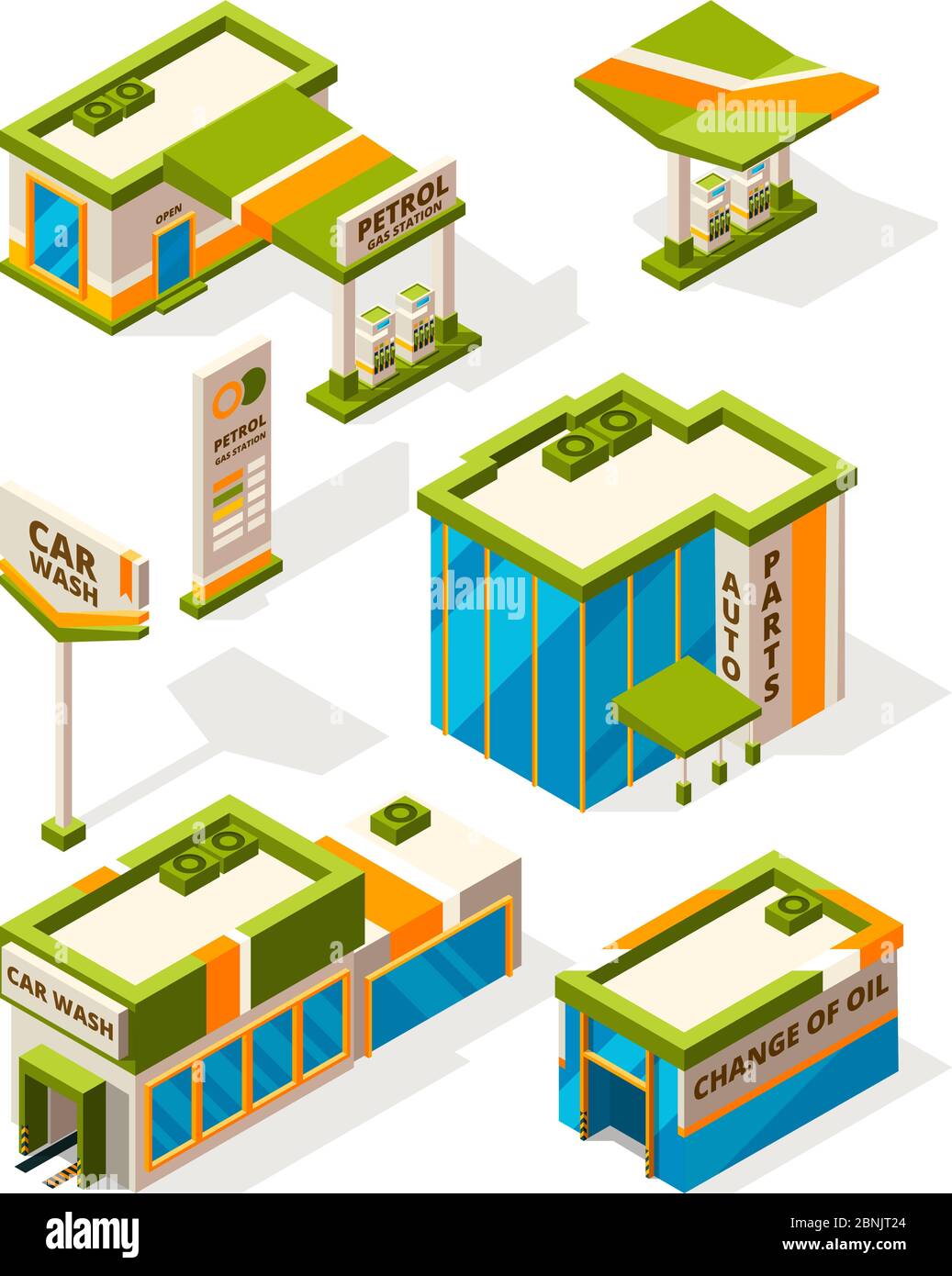 Gebäude der Gasversorgung. Außenansicht der Tankstellenanlagen. Isometrische Bilder eingestellt Stock Vektor
