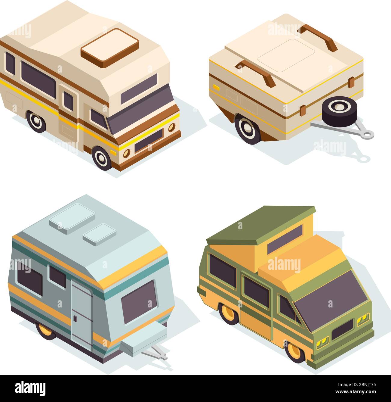 SUV und Campingwagen. Isometrische Bilder Satz von Reisewagen Stock Vektor