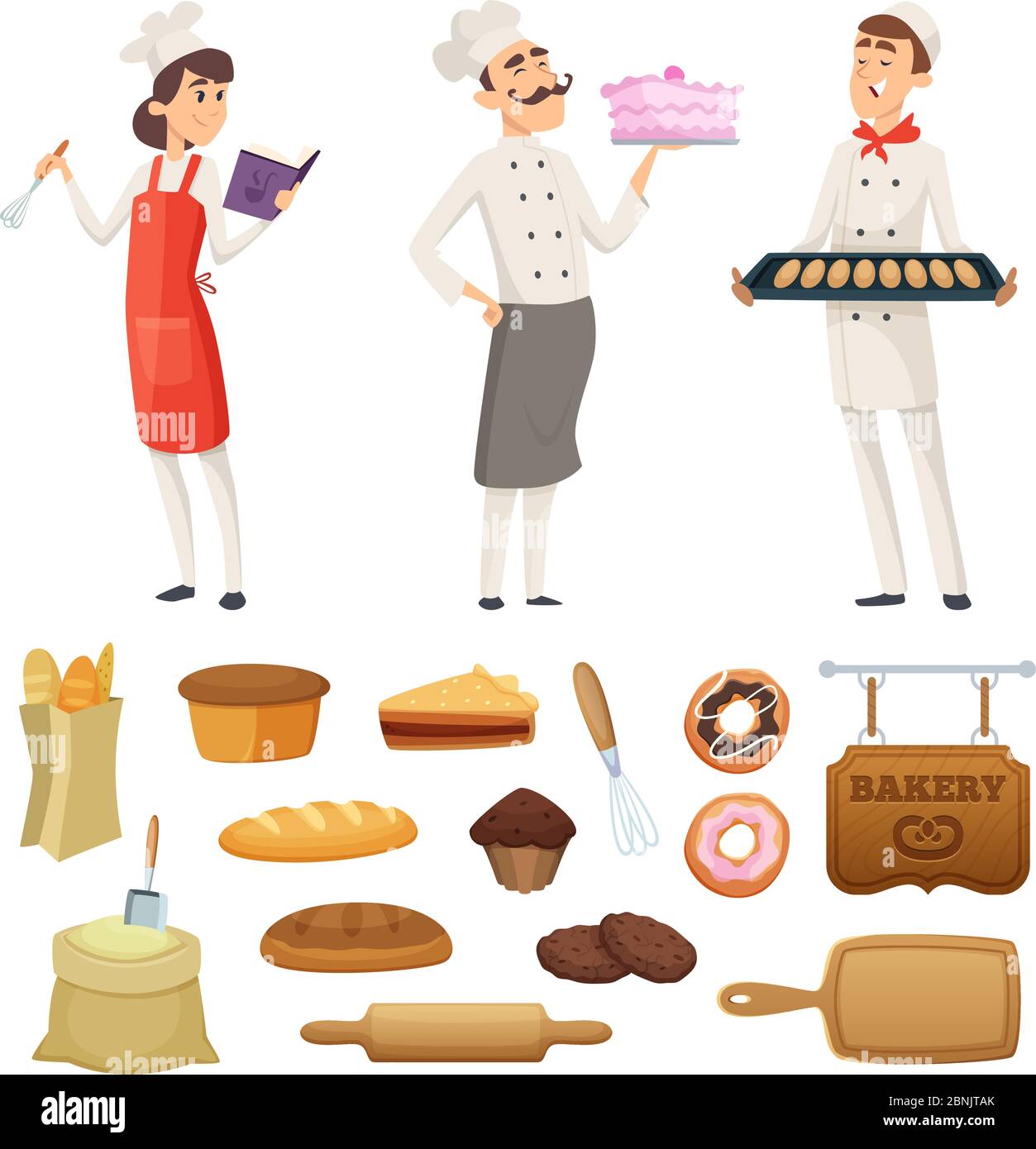 Bäcker männlich und weiblich bei der Arbeit. Charaktere in verschiedenen Posen Stock Vektor