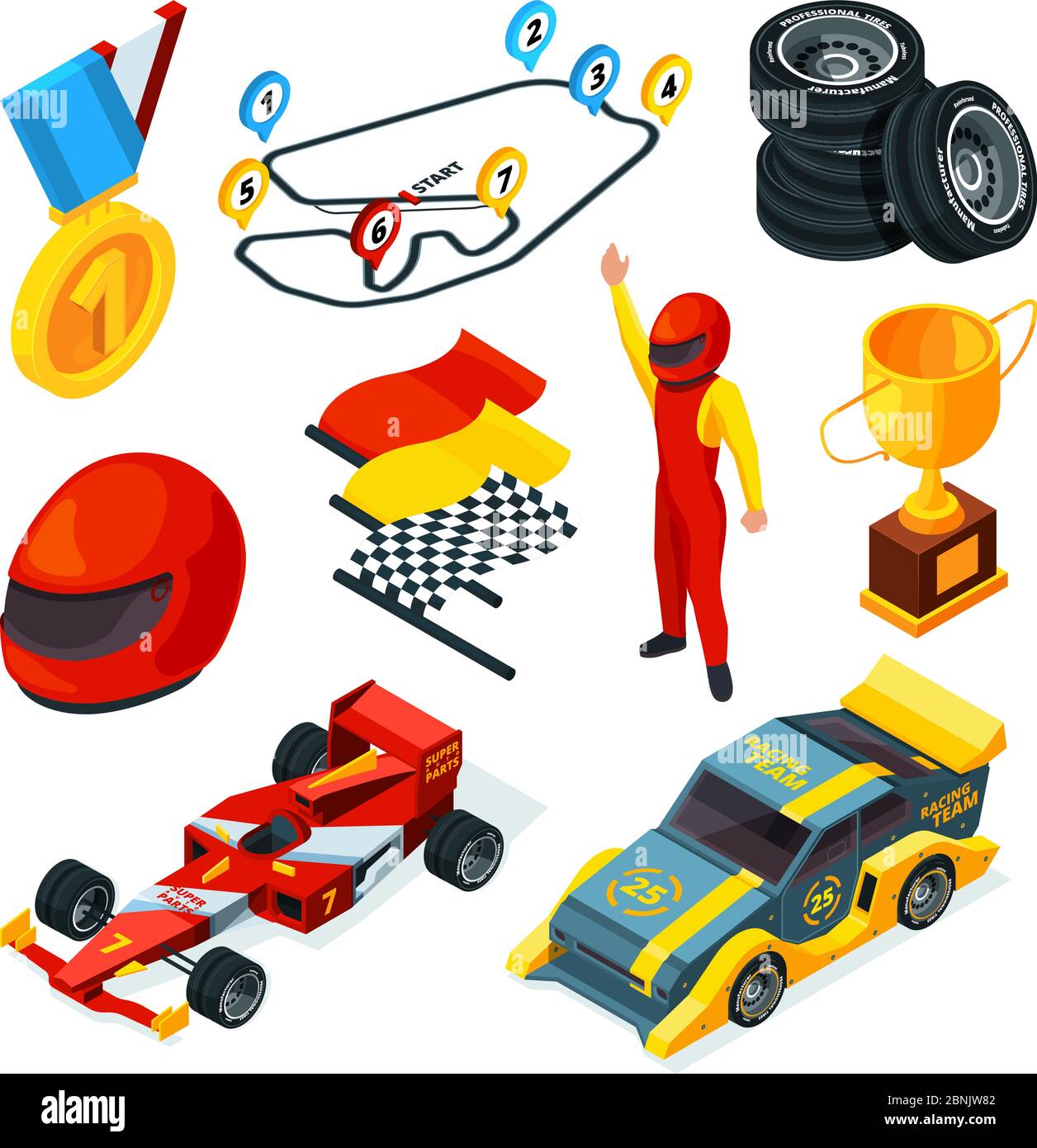 Symbole für Sportrennen. Isometrische Bilder von Rennwagen und Formel 1-Symbole Stock Vektor