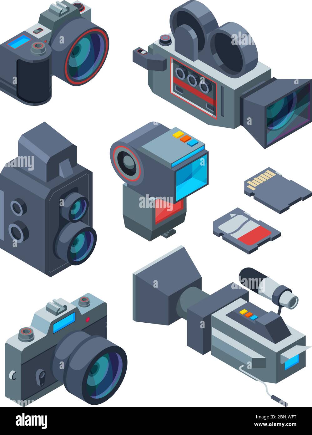 Isometrische Video- und Fotokameras. Vektorbilder verschiedener Geräte für Video- und Fotostudio Stock Vektor