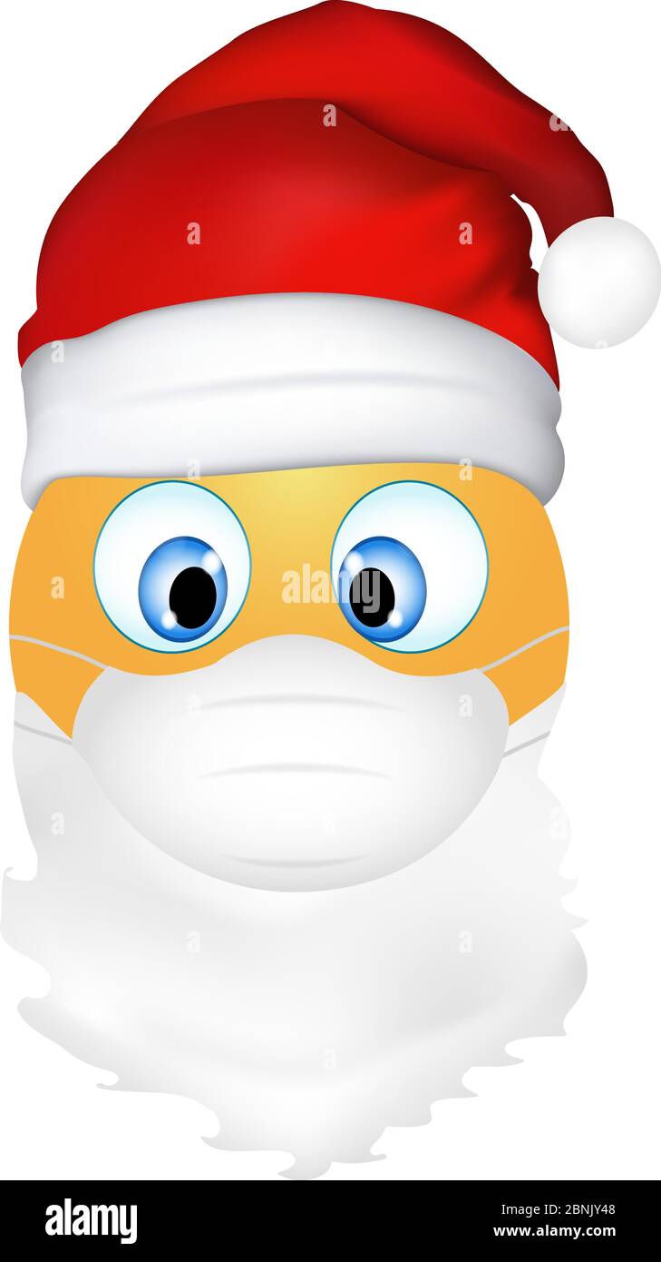 Emoji Emoticon trägt medizinische Maske und Weihnachtsmann Hut. Lustiges Emoticon. Konzept zum Schutz vor Ausbruch des Coronavirus. Frohe Weihnachten. 3d-Darstellung. Stock Vektor
