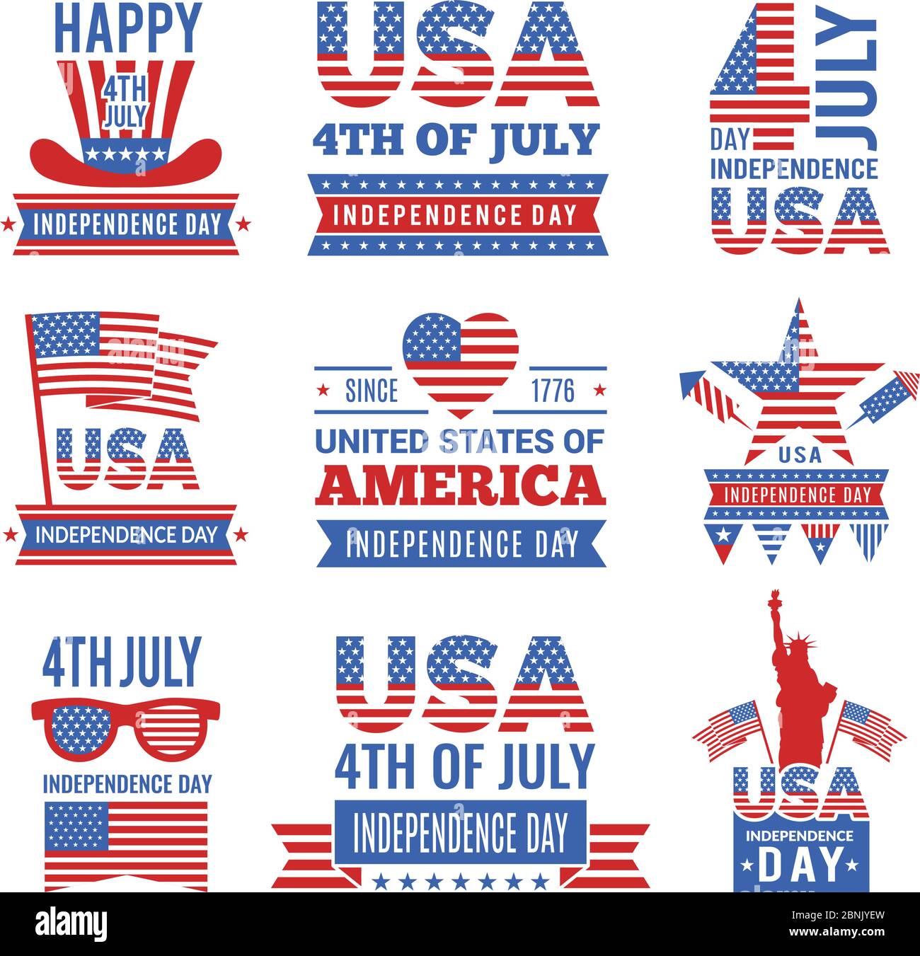 Logo-Set für den Unabhängigkeitstag am 4. Juli. Vector Labels der USA Identität Stock Vektor