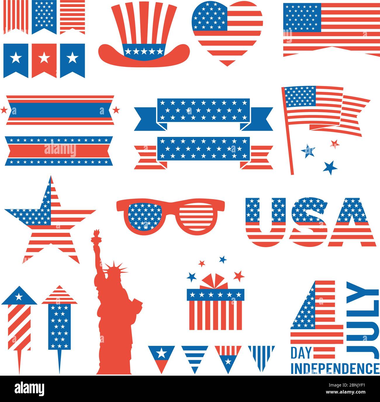 Unabhängigkeitstag der USA. Design-Elemente für verschiedene Karten, Logos und Banner vom 4. juli Stock Vektor