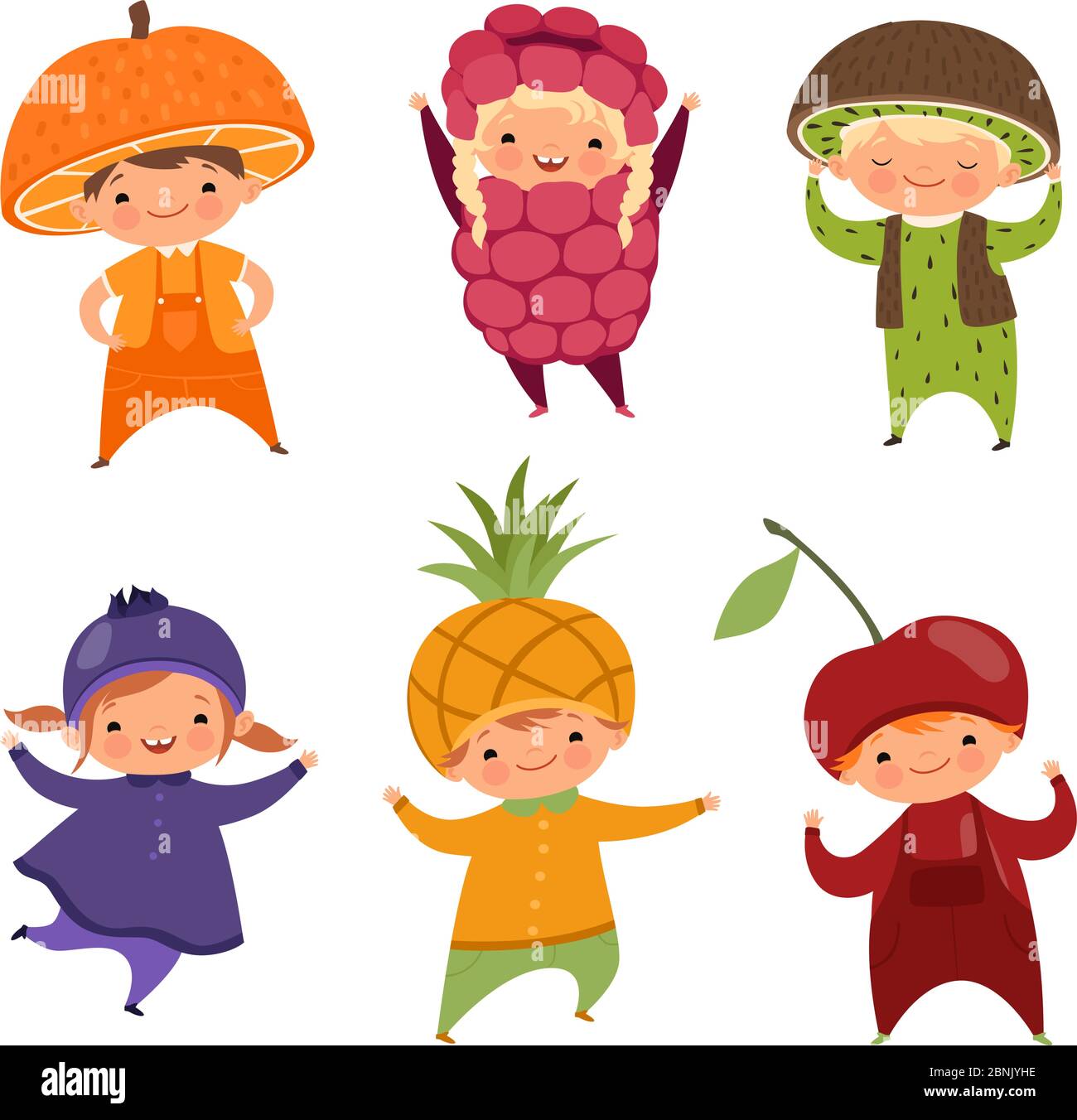 Kinder in Obstkostümen. Vektorbilder von verschiedenen lustigen Kleidung für Kinder Stock Vektor