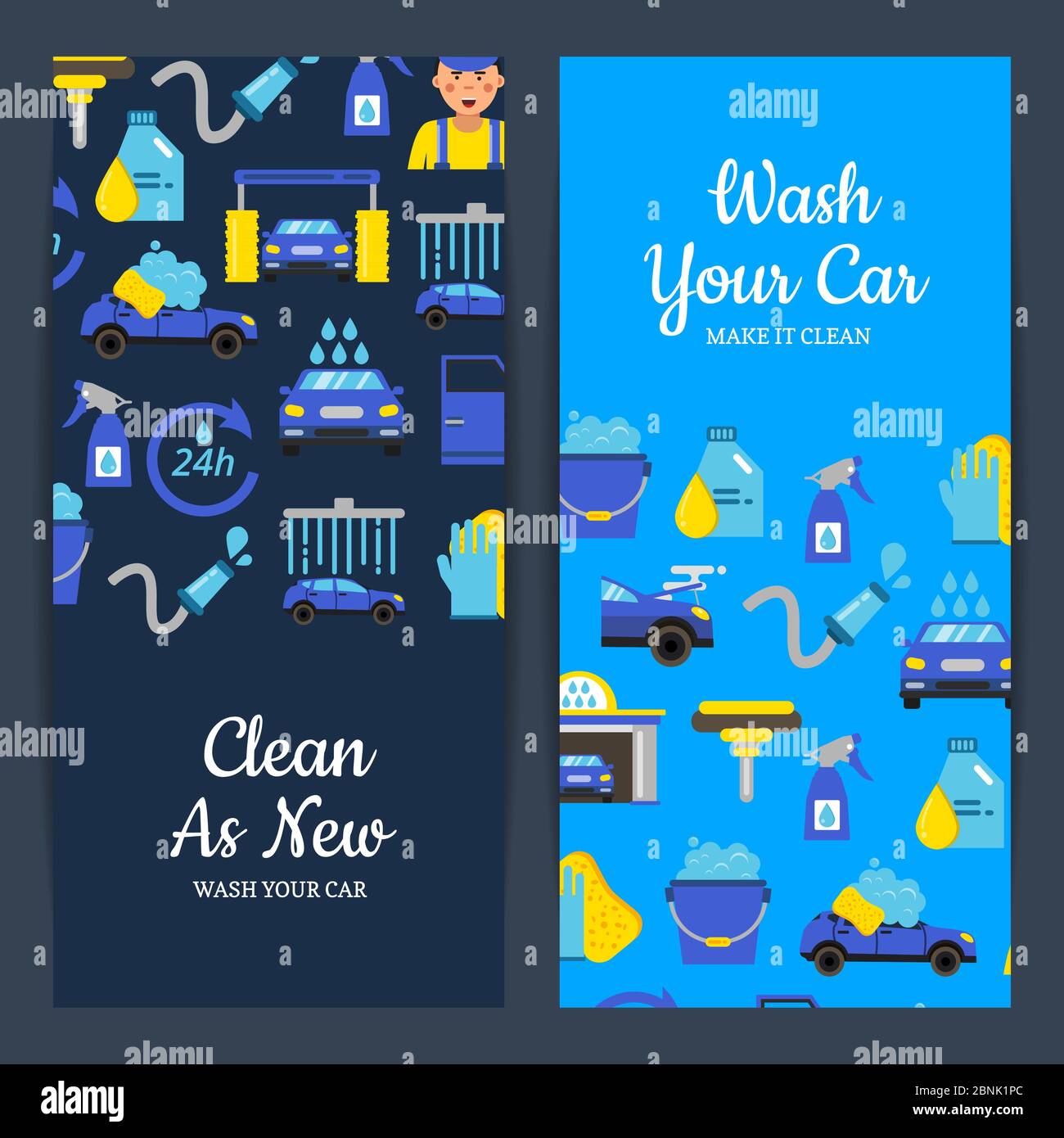 Vektorkarte oder Flyer Illustration mit Auto waschen flach Symbole Stock Vektor