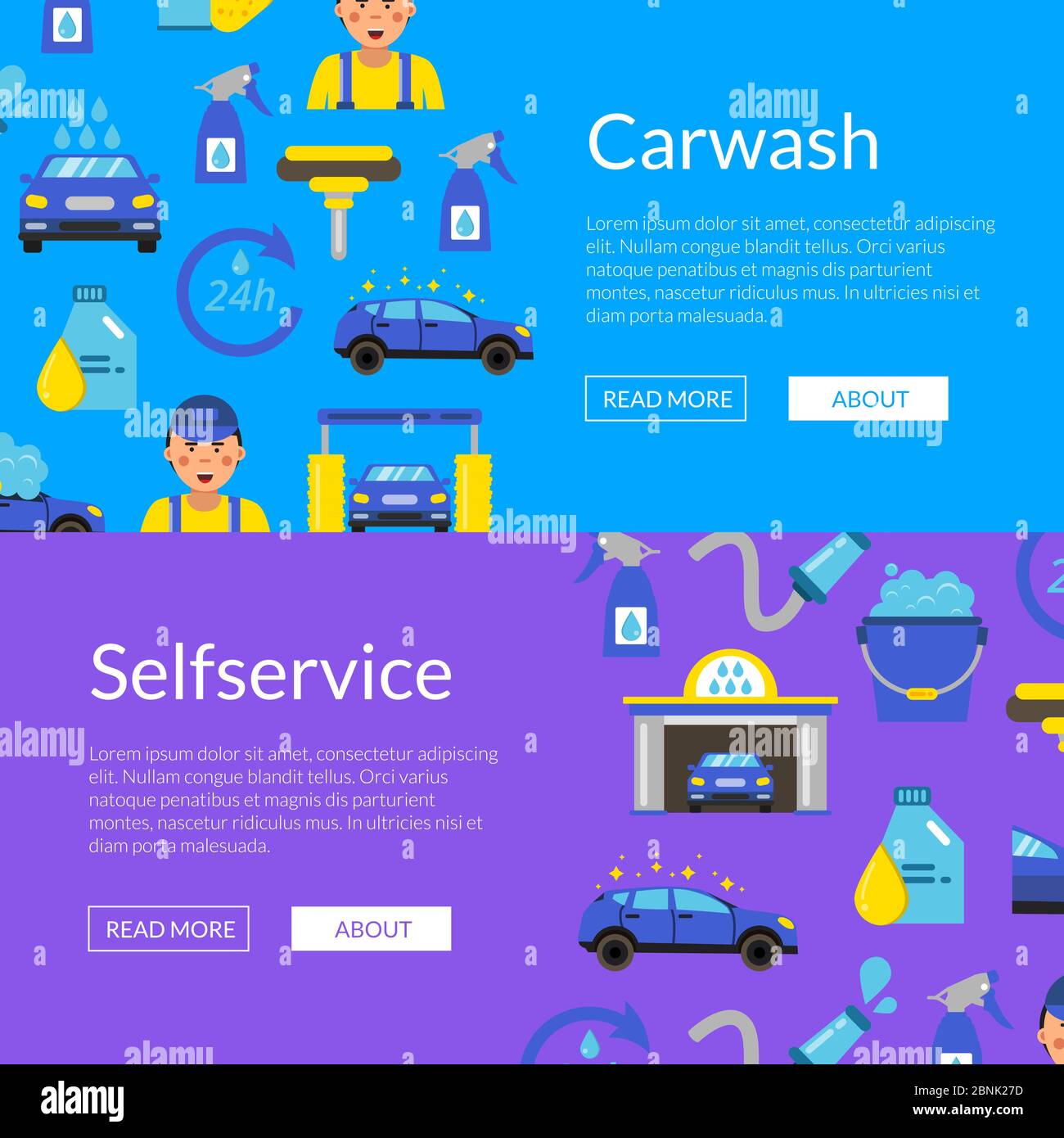 Vektor Web Banner Illustration mit Auto waschen flach Symbole Stock Vektor