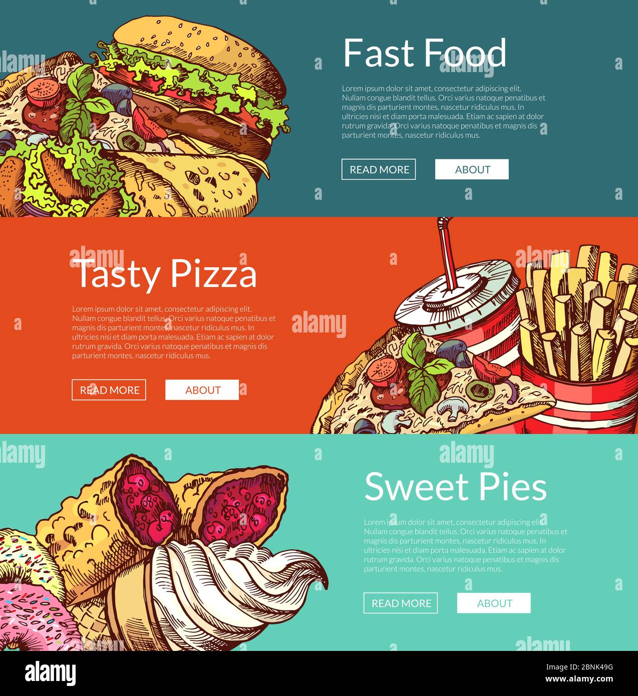 Vector Banner mit Fastfood Burger, Eis, Donuts und Pizza Stock Vektor