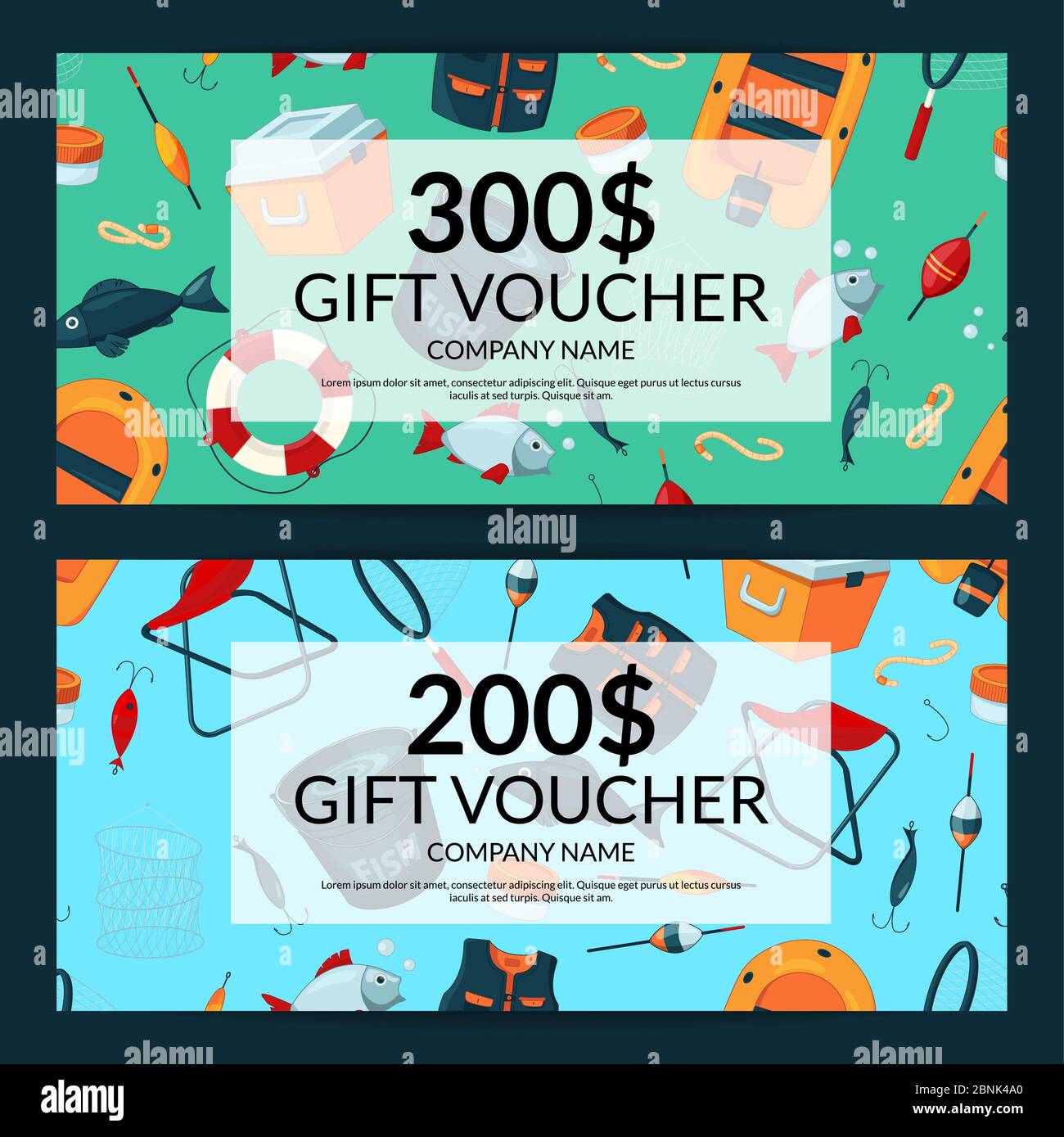Vektor Rabatt oder Gutschein Vorlagen mit Cartoon Angelausrüstung Stock Vektor