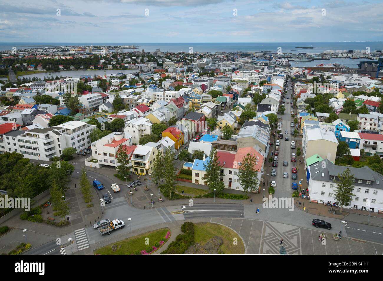 Reykjavik Luftaufnahme von Hallgrímskirkja (Kirche), Island, Juli 2015 fotografiert. Stockfoto