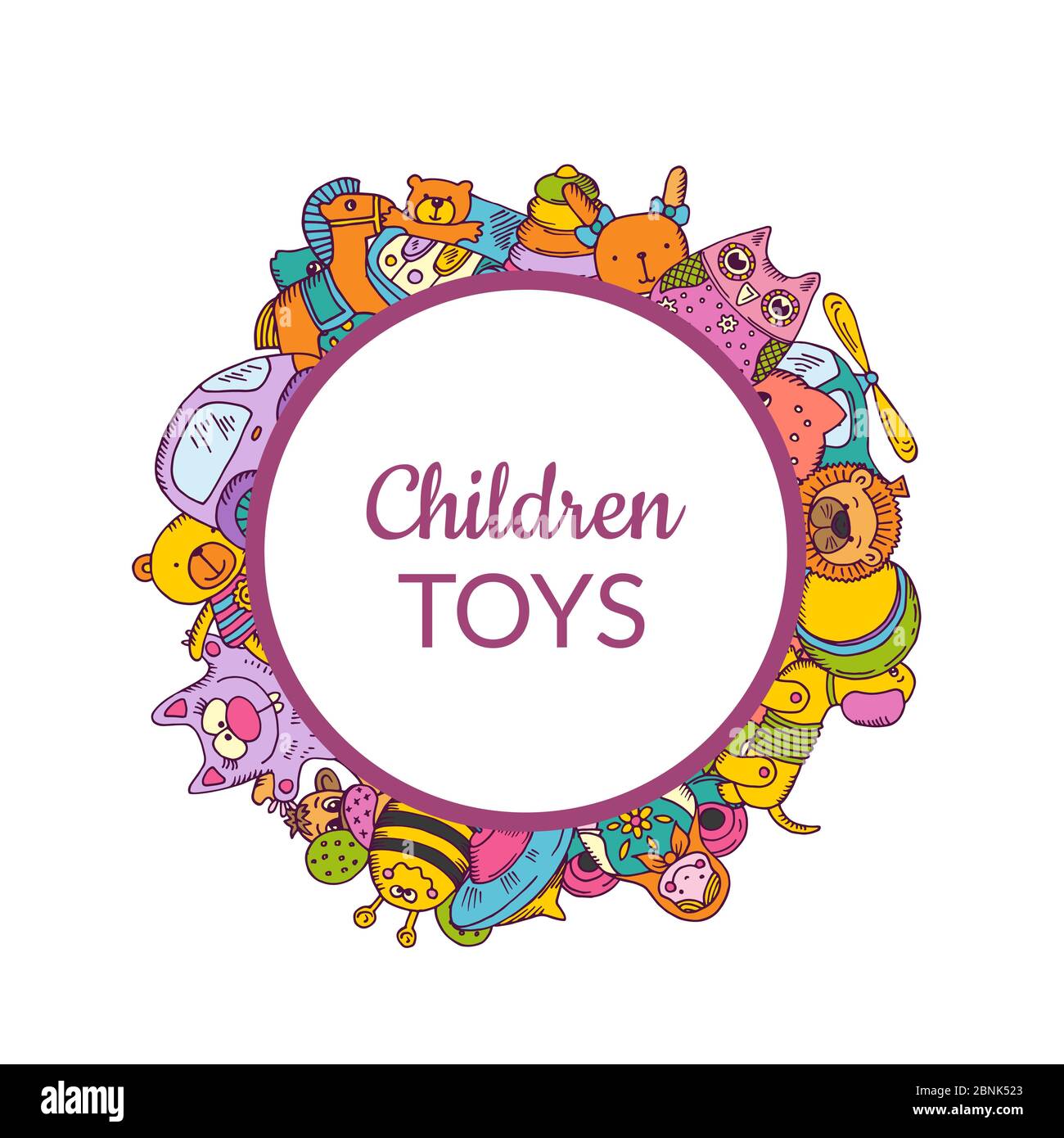 Vektorgrafik mit skizzierten Spielzeugen unter gerahmtem Kreis mit Schatten und Platz für Text Stock Vektor